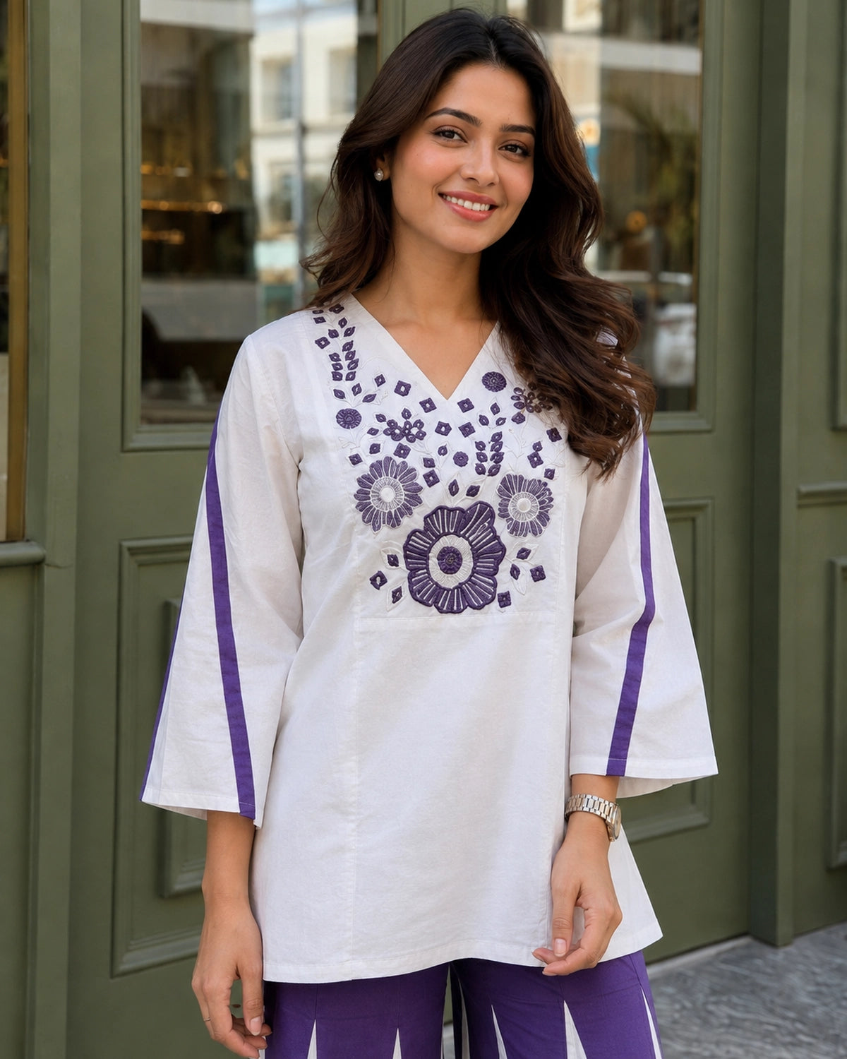 Floral Embroidered V-Neck Flared Cotton Co-ord Set