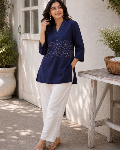Embroidered V-Neck Three-Quarter Sleeve Cotton Kurti