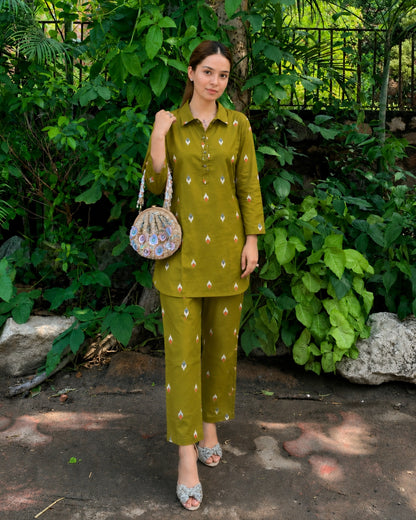 Olive Green Ikat Cotton Co-ord Set with Shirt Collar for Daily Wear