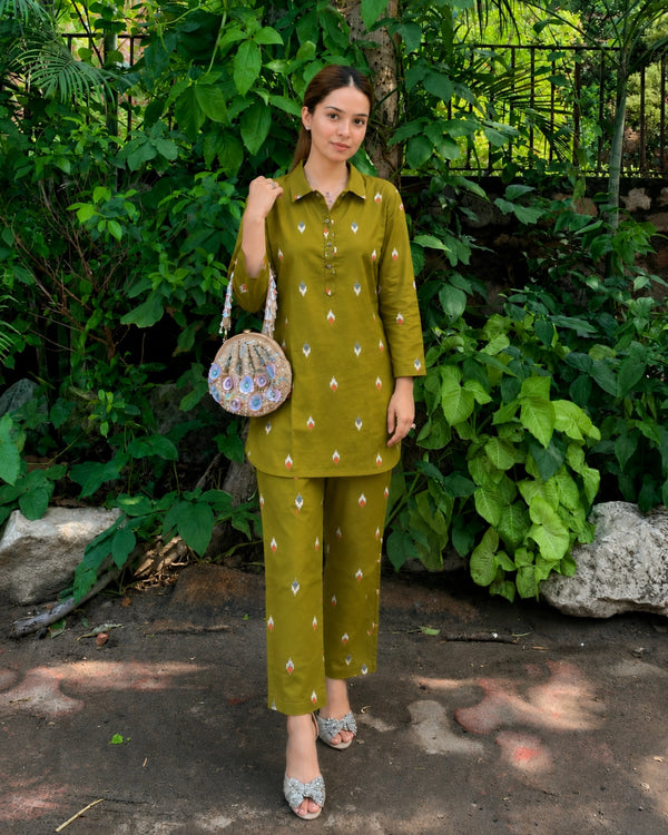 Olive Green Ikat Cotton Co-ord Set with Shirt Collar for Daily Wear