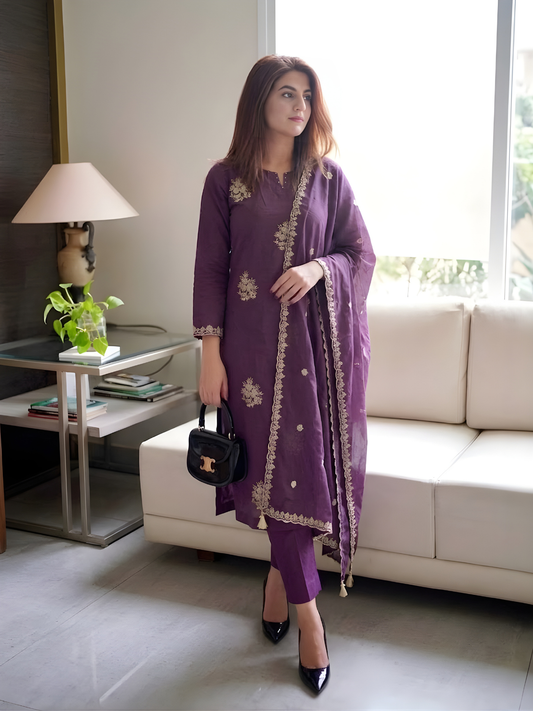 Elegant Deep Purple Embroidered Kurta Suit Set