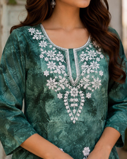 Chikankari Tie-Dye Round Neck Cotton Kurti