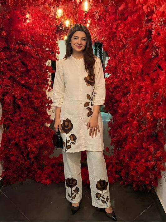 Off-White and Brown Floral Co-Ord Set