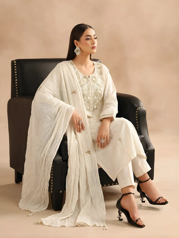 Ivory Embroidered Stitched Suit Set