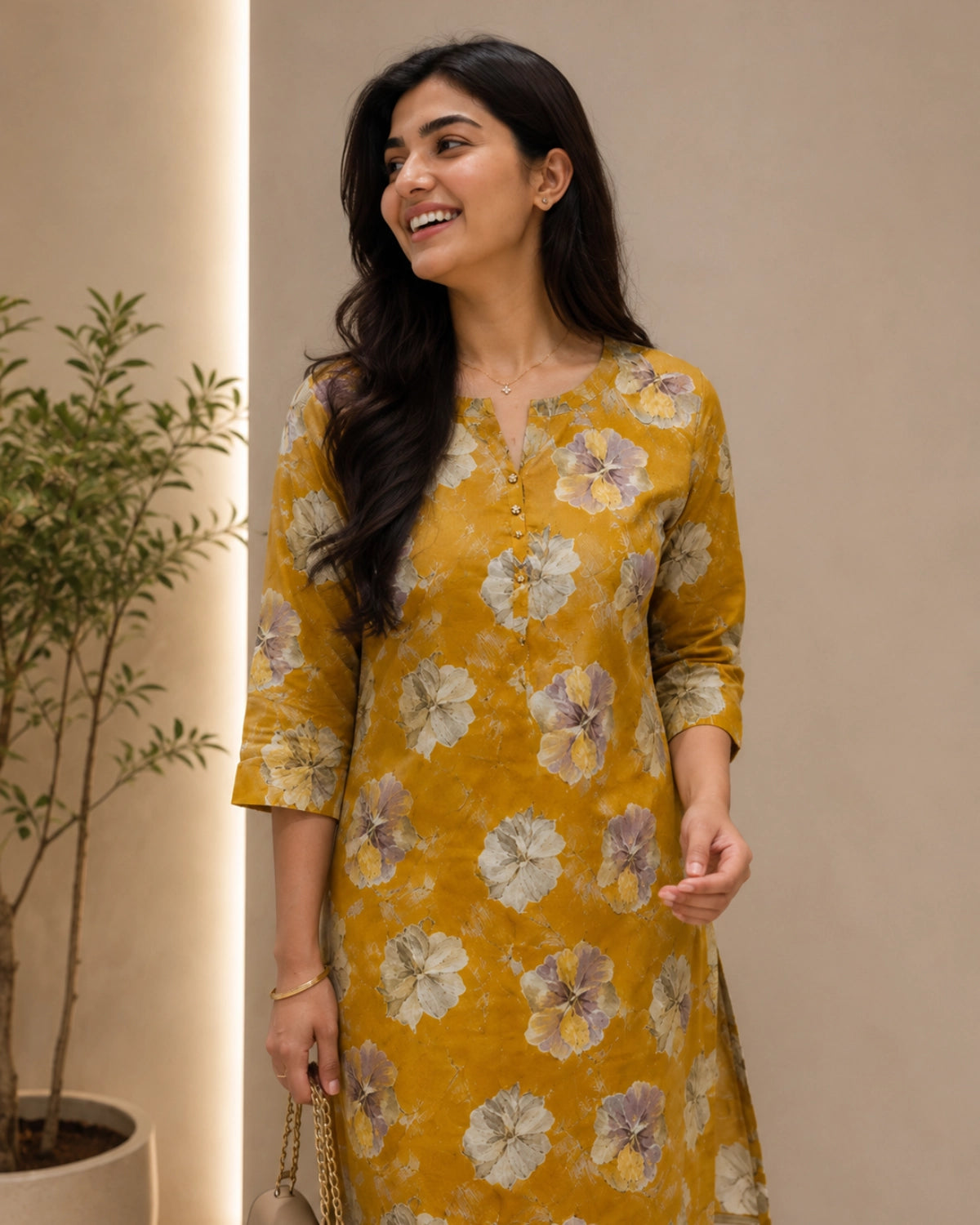 Floral Print Rayon Kurta Pant Set with Round Neck for Daily Wear