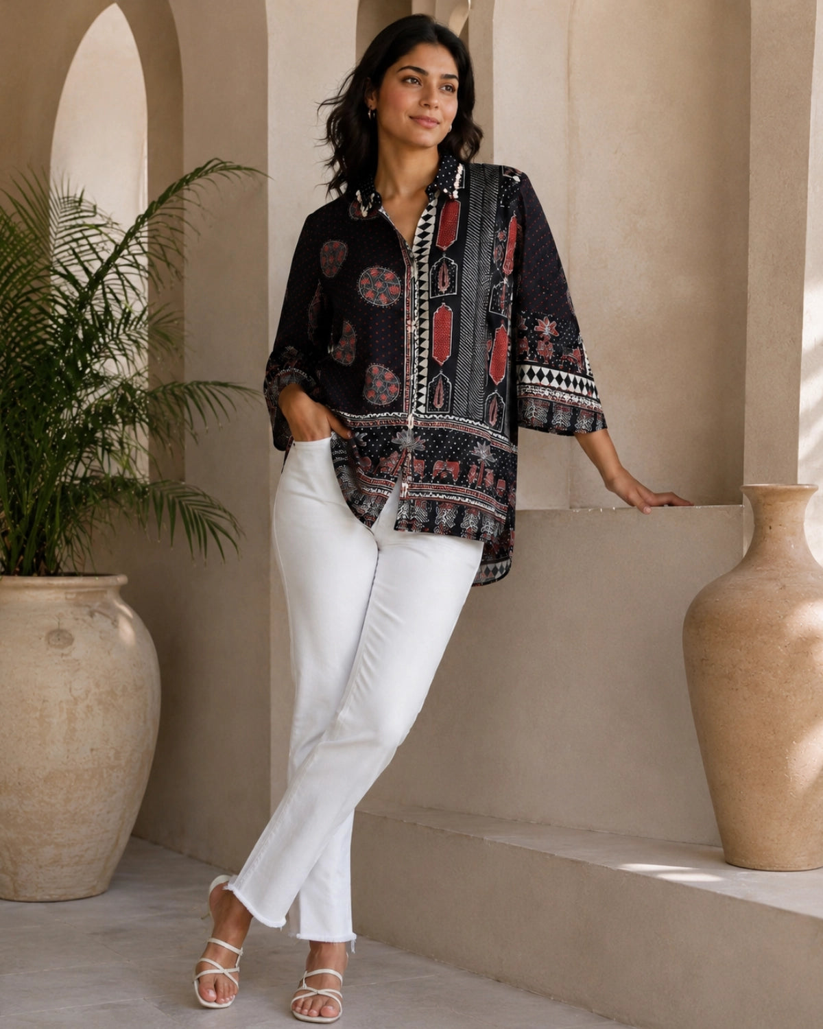 Black Ajrakh Print Viscose Top for Vacation Wear
