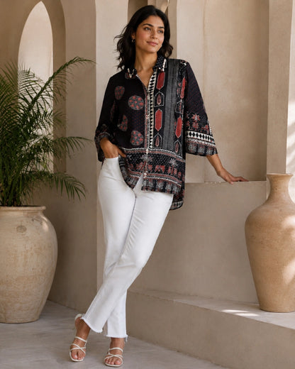 Black Ajrakh Print Viscose Top for Vacation Wear
