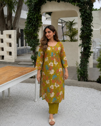 Floral Print Cotton Kurta Pant Set with Round Neck for Daily Wear