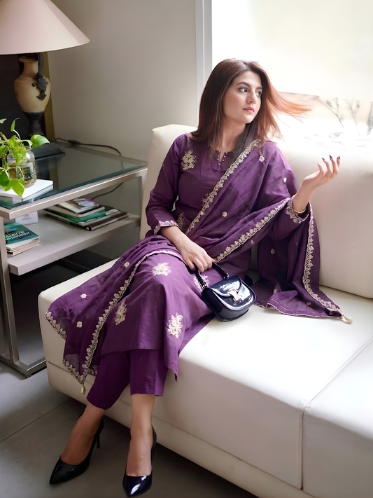 Elegant Deep Purple Embroidered Kurta Suit Set