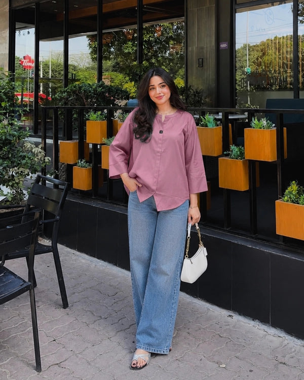 Onion Pink Imported V-Neck Top with Button Placket for Vacation Wear
