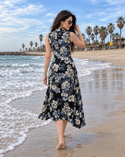 Floral Print Sleeveless Collared Rayon Midi Dress for Vacation
