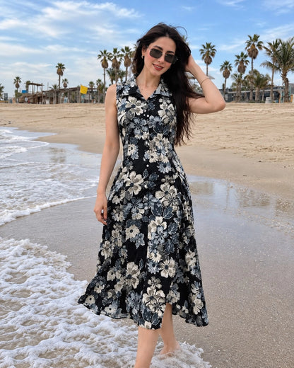 Floral Print Sleeveless Collared Rayon Midi Dress for Vacation