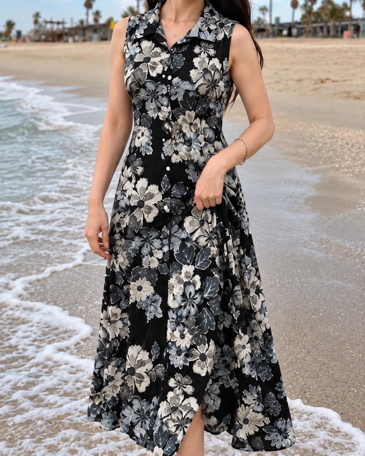 Floral Print Sleeveless Collared Rayon Midi Dress for Vacation