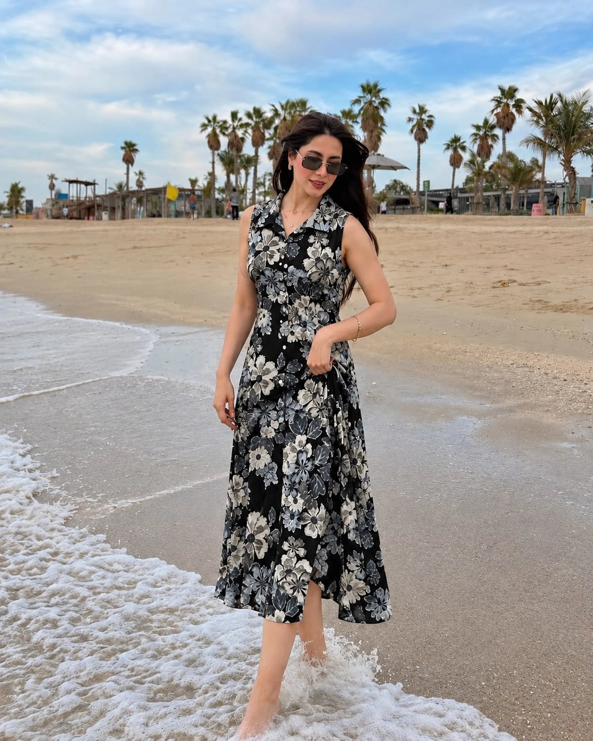Floral Print Sleeveless Collared Rayon Midi Dress for Vacation