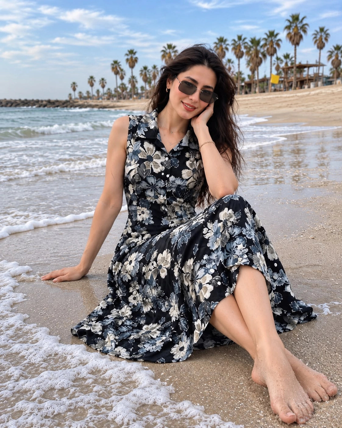 Floral Print Sleeveless Collared Rayon Midi Dress for Vacation