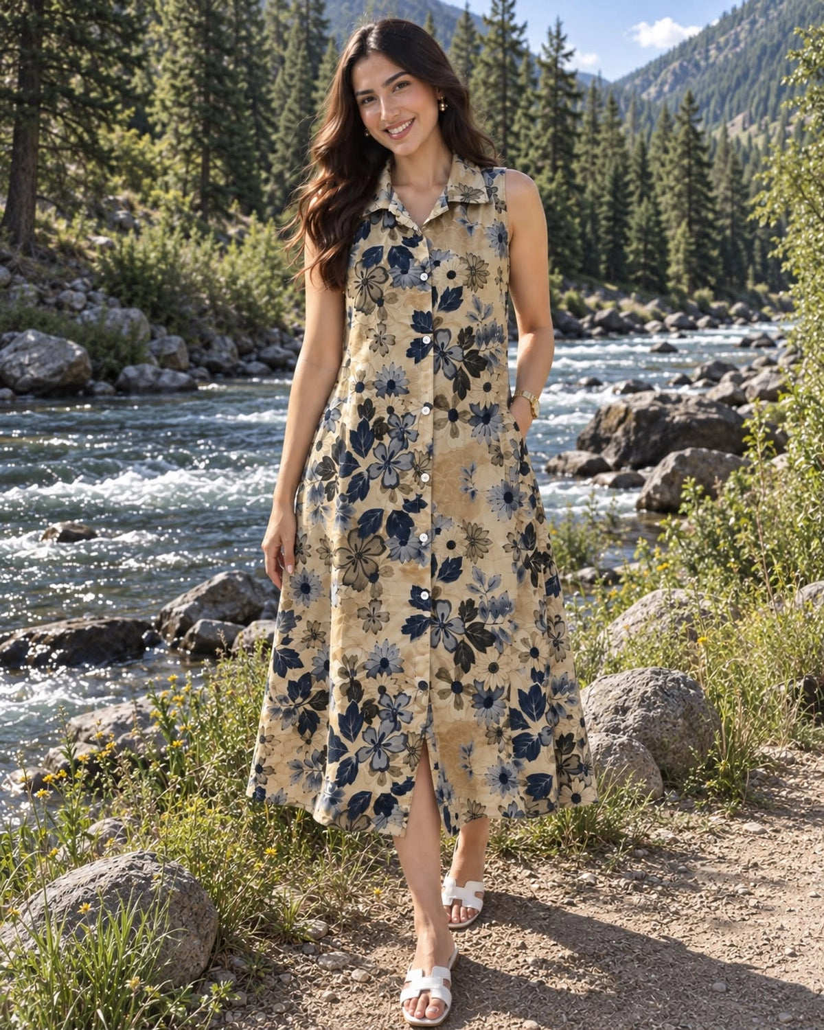 Floral Print Sleeveless Collared Rayon Midi Dress for Vacation
