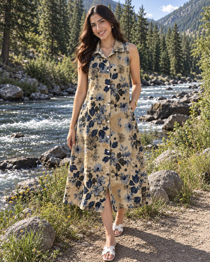 Floral Print Sleeveless Collared Rayon Midi Dress for Vacation