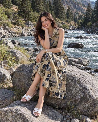 Floral Print Sleeveless Collared Rayon Midi Dress for Vacation