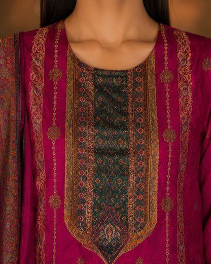 Magenta Jamawar Print Viscose Kurta Pant Dupatta Set