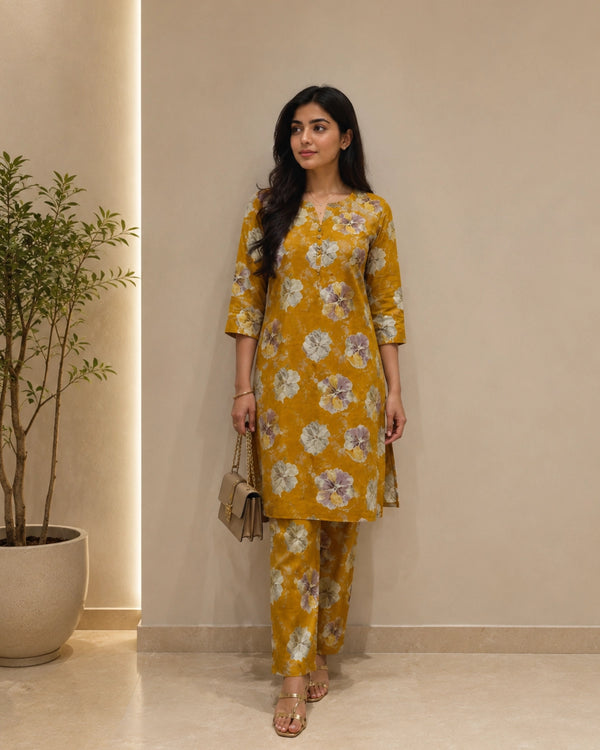 Floral Print Rayon Kurta Pant Set with Round Neck for Daily Wear