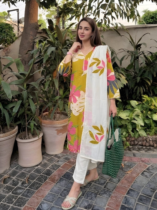 Olive Green, Pink, and White Floral 3-Piece Kurta Set