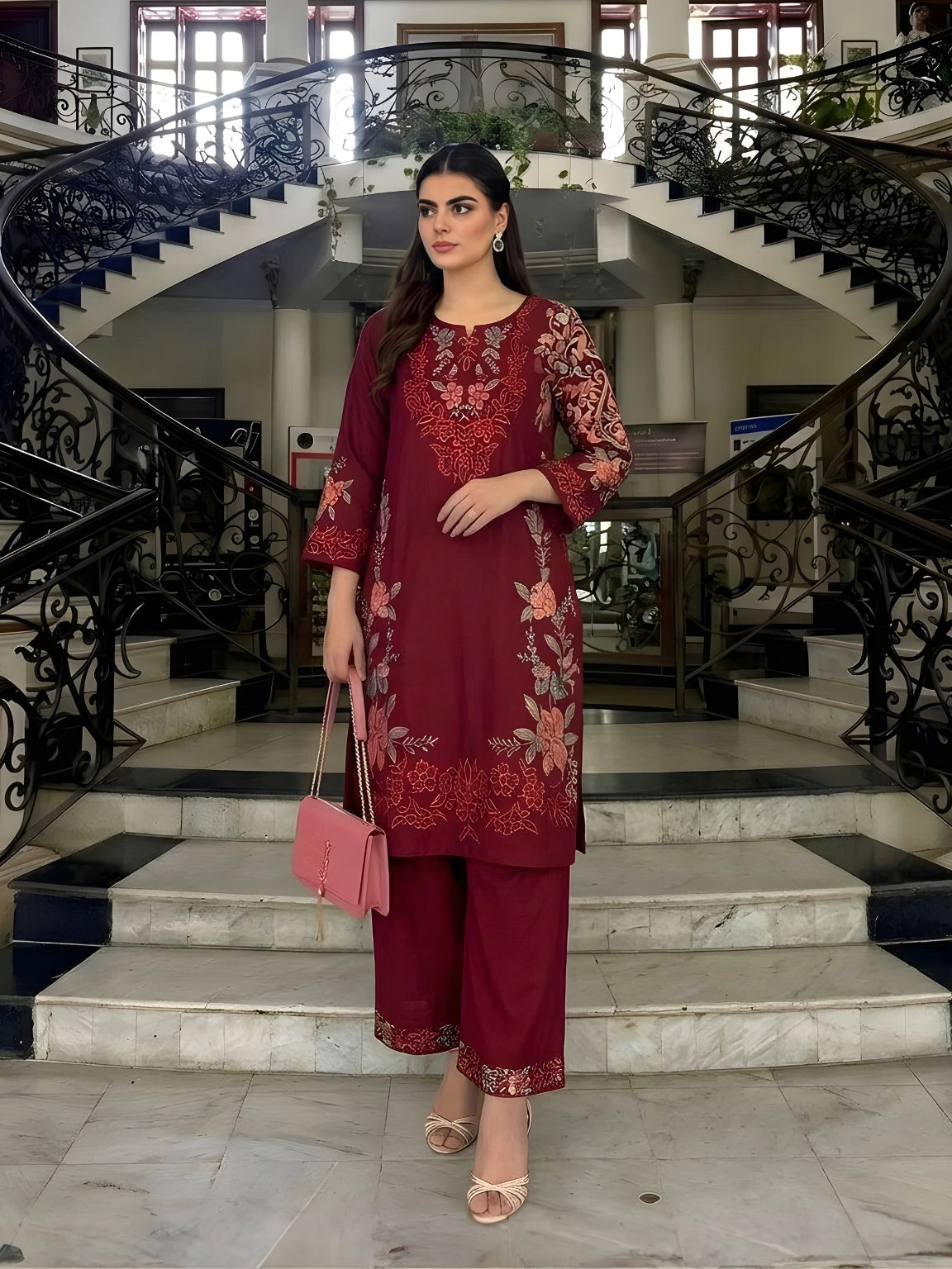 Elegant Maroon Floral Embroidered Kurta Pant Set