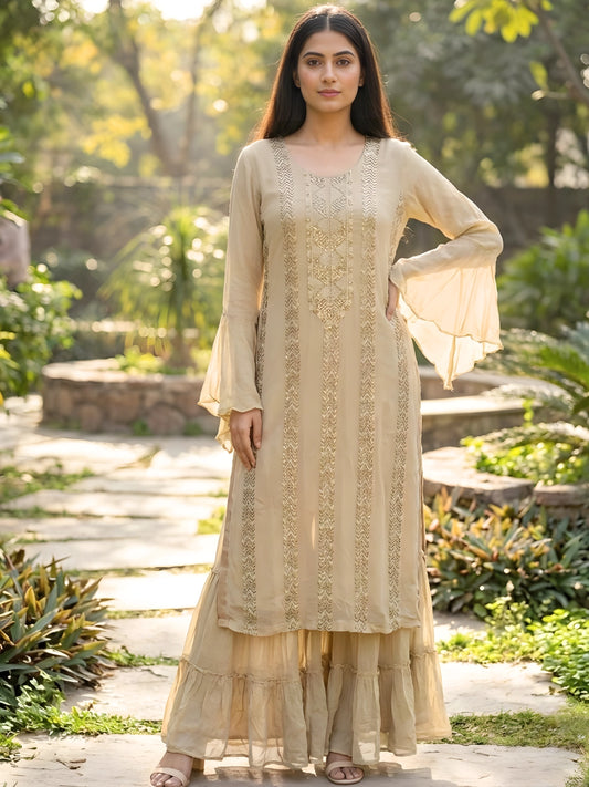 Beige Embroidered Kurta & Sharara Set