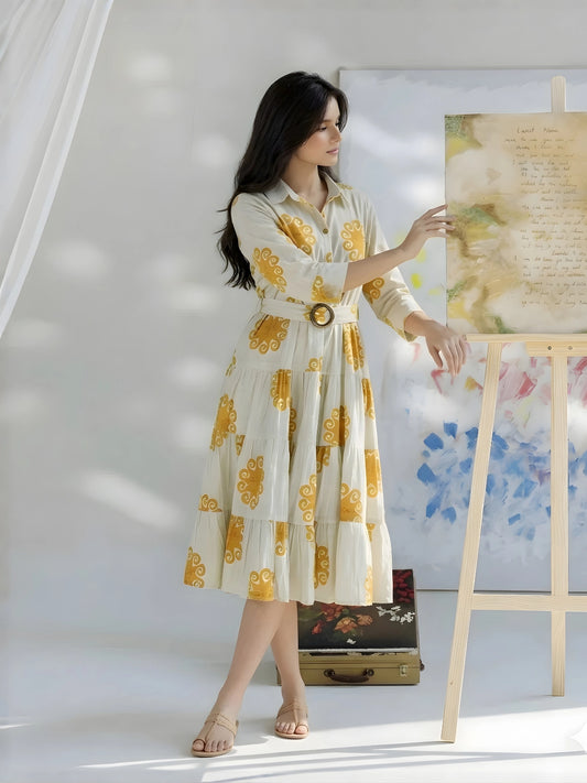 Off-White and Mustard Motif Tiered Midi Dress