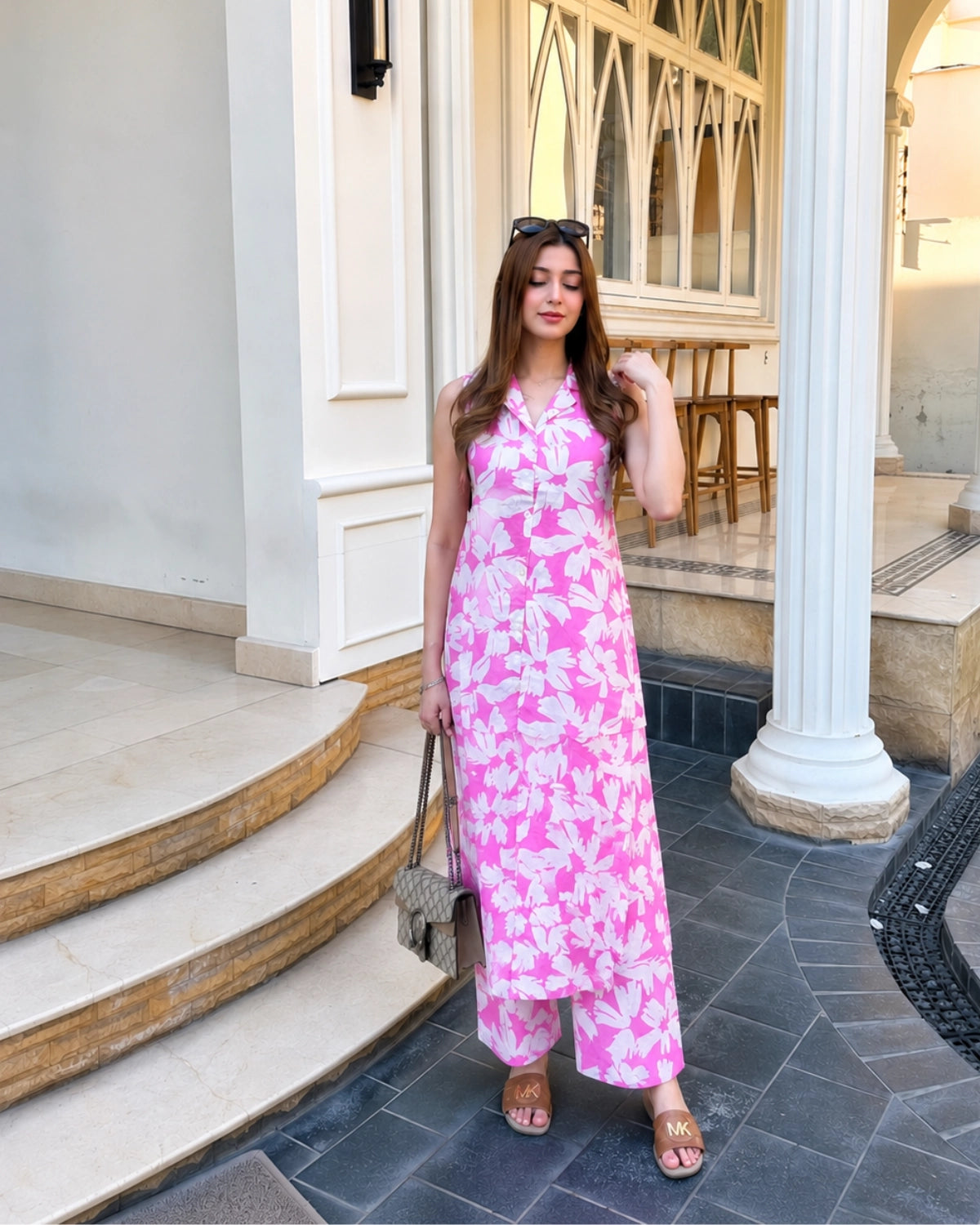 Floral Print Rayon Co-Ord Set with Collar Neck for Vacation Wear