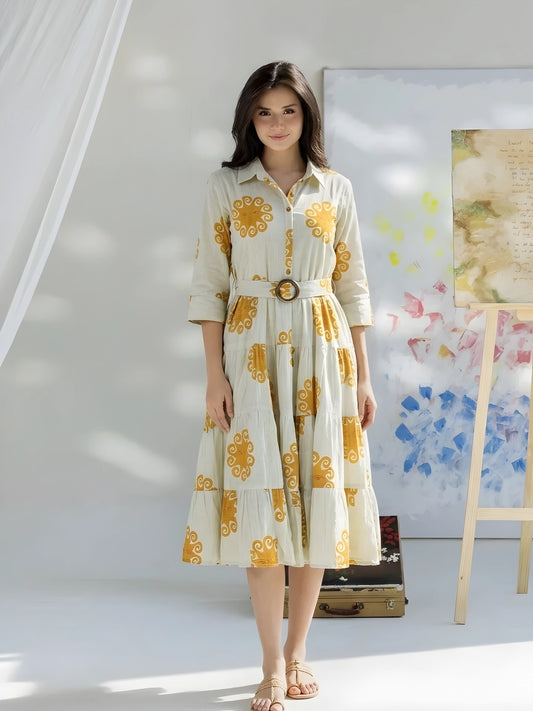 Off-White and Mustard Motif Tiered Midi Dress