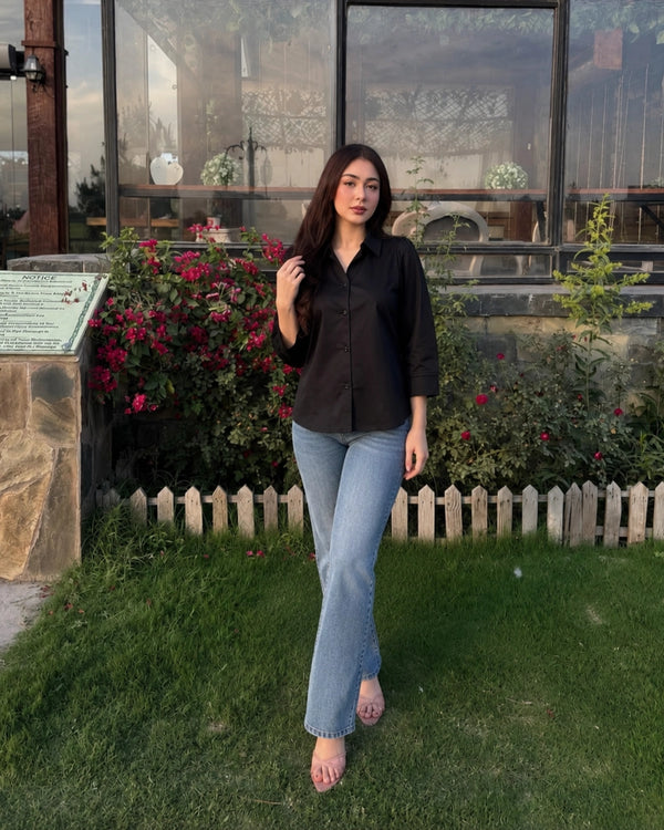Black Cotton Shirt with Collar Neck and Button Placket for Vacation Wear