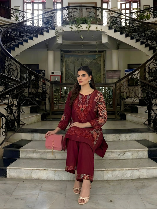 Elegant Maroon Floral Embroidered Kurta Pant Set