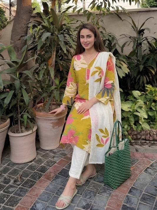 Olive Green, Pink, and White Floral 3-Piece Kurta Set