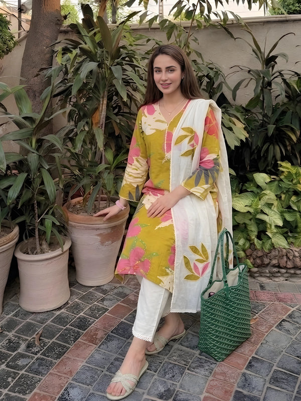 Olive Green, Pink, and White Floral 3-Piece Kurta Set — image 2