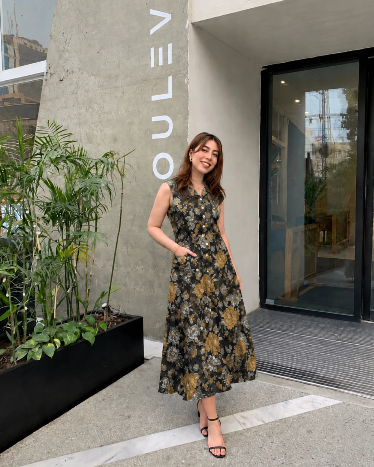 Black Floral Cotton Maxi Dress with Collar Neck for Vacation Wear