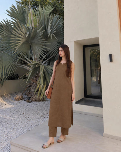 Solid Cotton Sleeveless Kurta Pant Set with Notch Neck and Side Slits