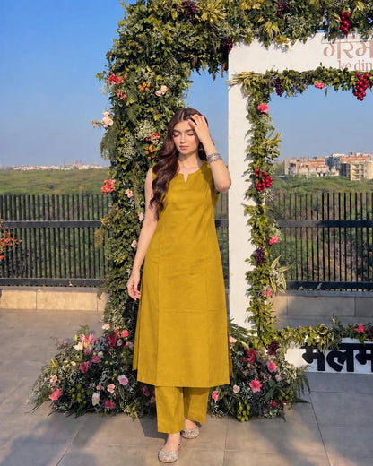 Solid Cotton Sleeveless Kurta Pant Set with Notch Neck and Side Slits