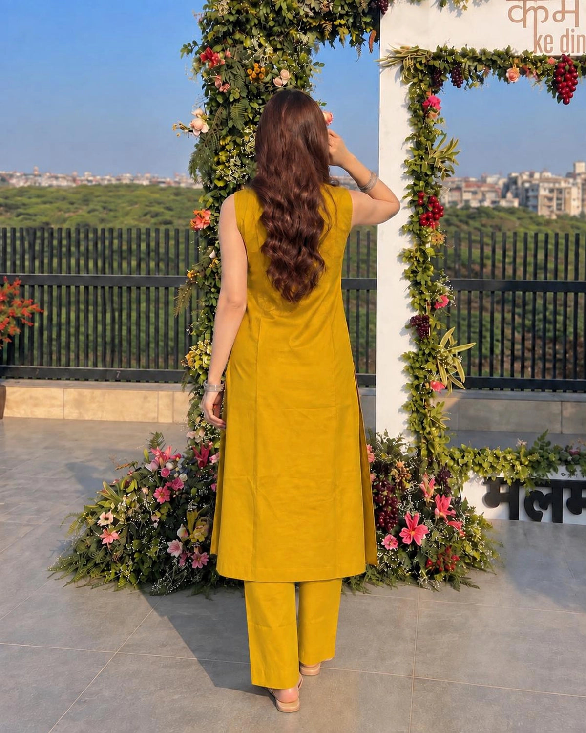 Solid Cotton Sleeveless Kurta Pant Set with Notch Neck and Side Slits