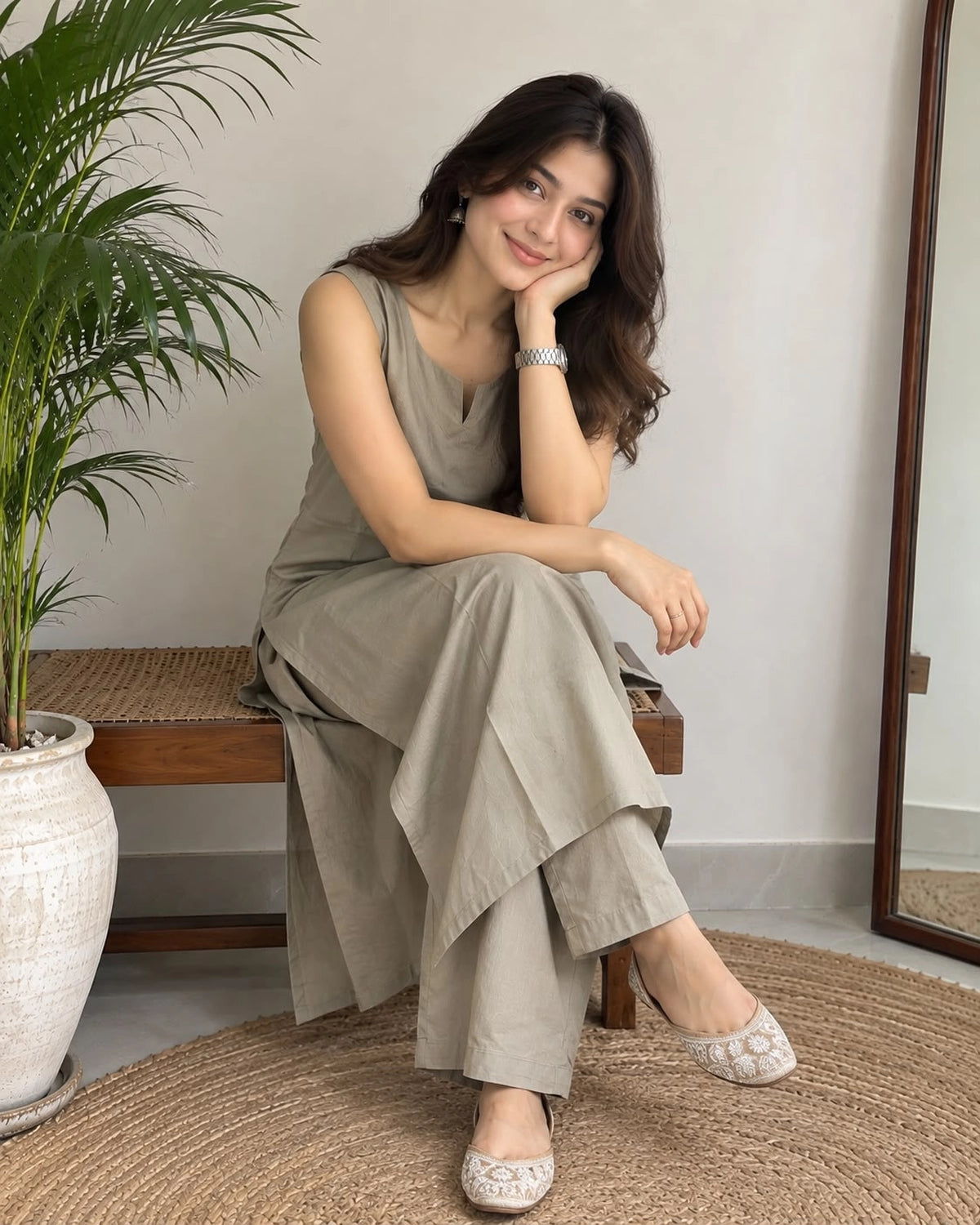Solid Cotton Sleeveless Kurta Pant Set with Notch Neck and Side Slits