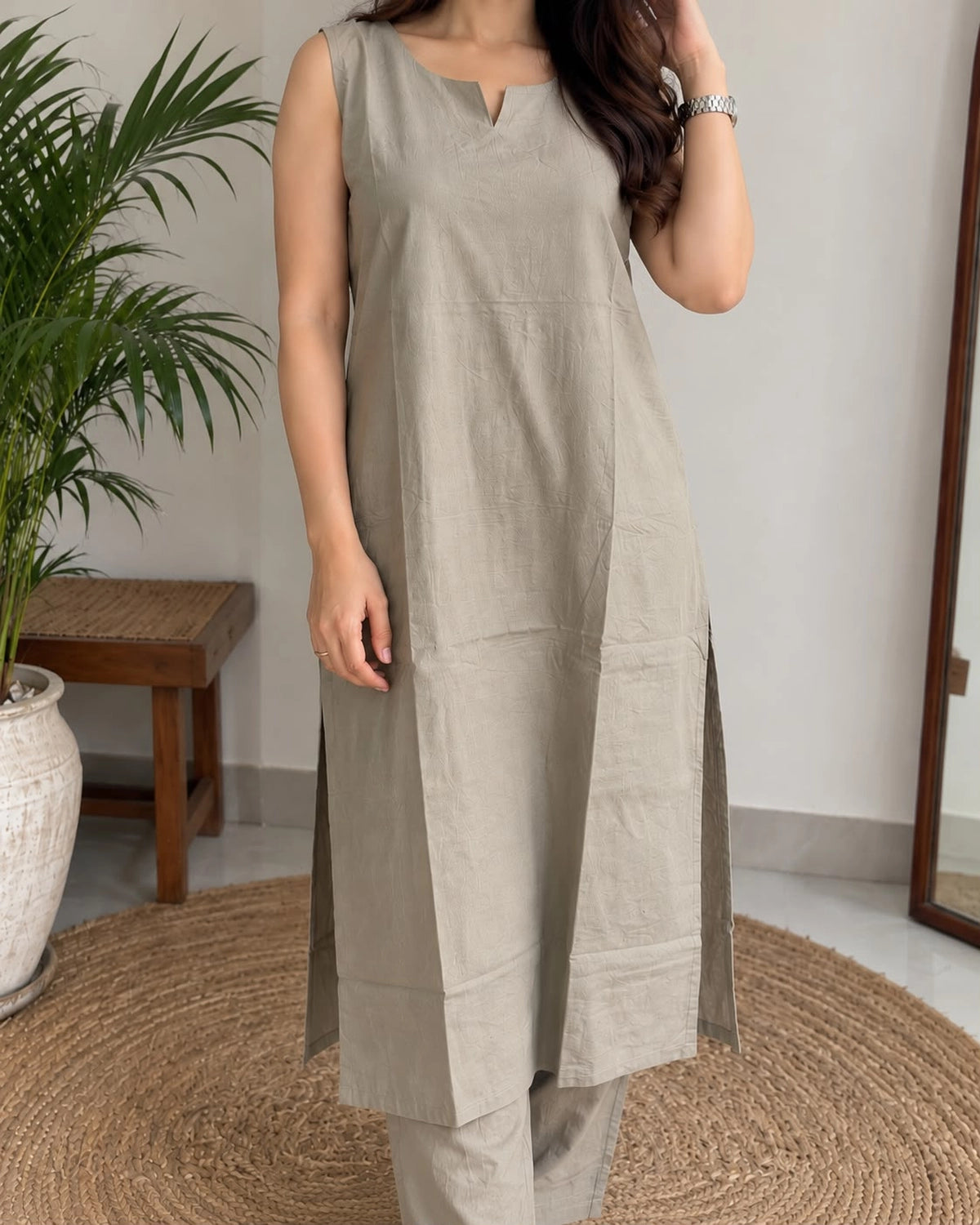 Solid Cotton Sleeveless Kurta Pant Set with Notch Neck and Side Slits