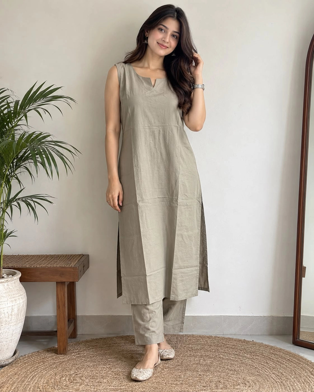 Solid Cotton Sleeveless Kurta Pant Set with Notch Neck and Side Slits
