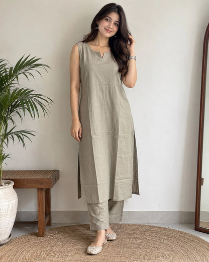 Solid Cotton Sleeveless Kurta Pant Set with Notch Neck and Side Slits