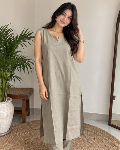 Solid Cotton Sleeveless Kurta Pant Set with Notch Neck and Side Slits