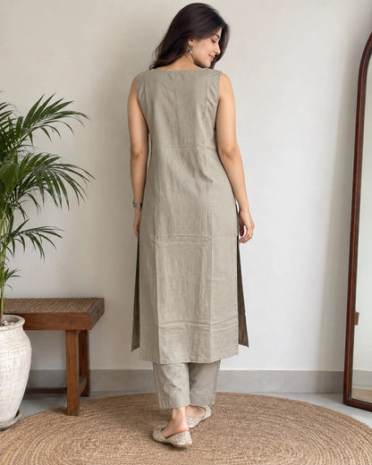 Solid Cotton Sleeveless Kurta Pant Set with Notch Neck and Side Slits