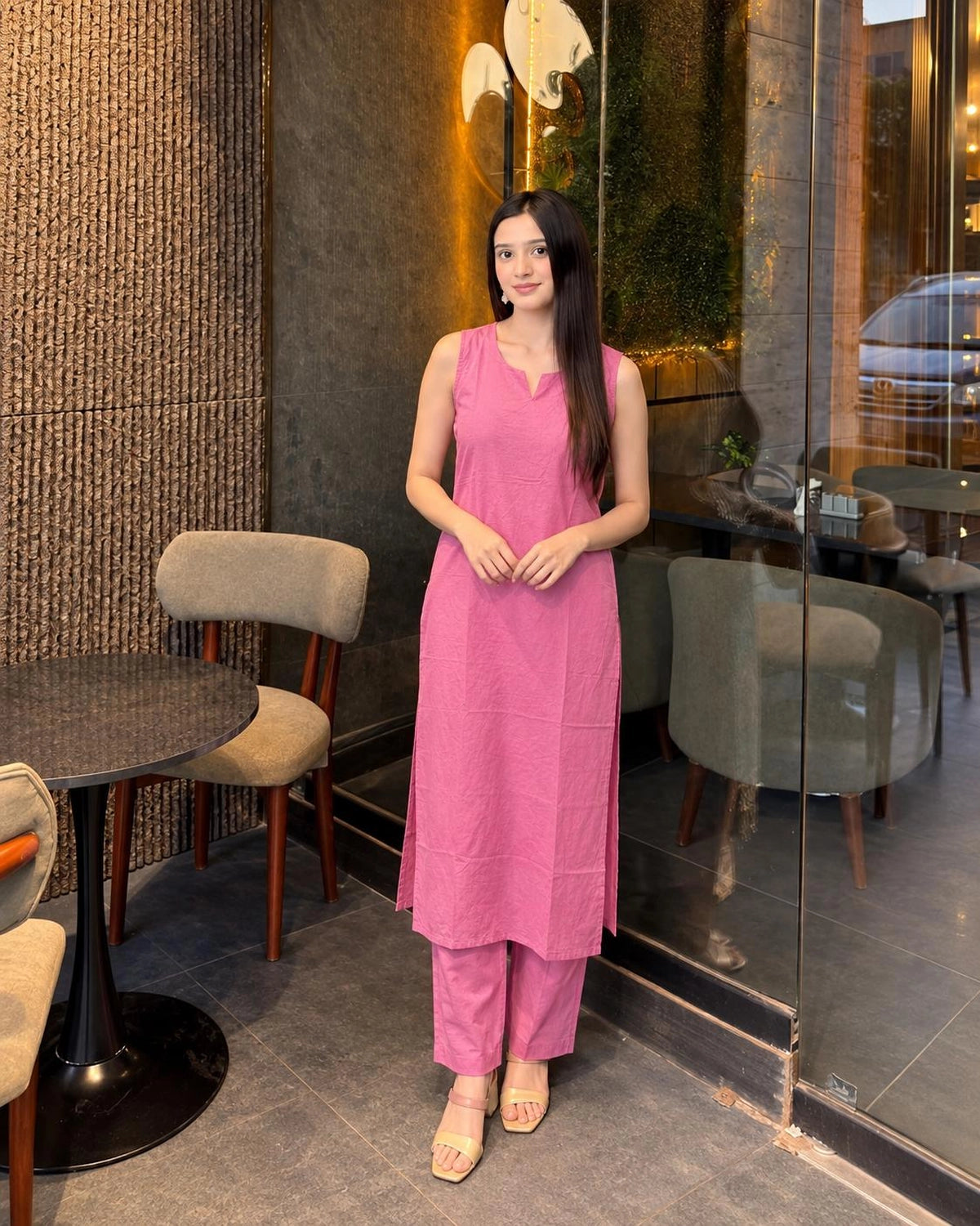 Solid Cotton Sleeveless Kurta Pant Set with Notch Neck and Side Slits