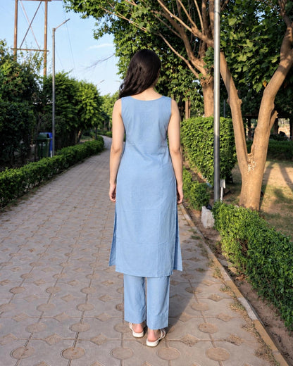 Solid Cotton Sleeveless Kurta Pant Set with Notch Neck and Side Slits