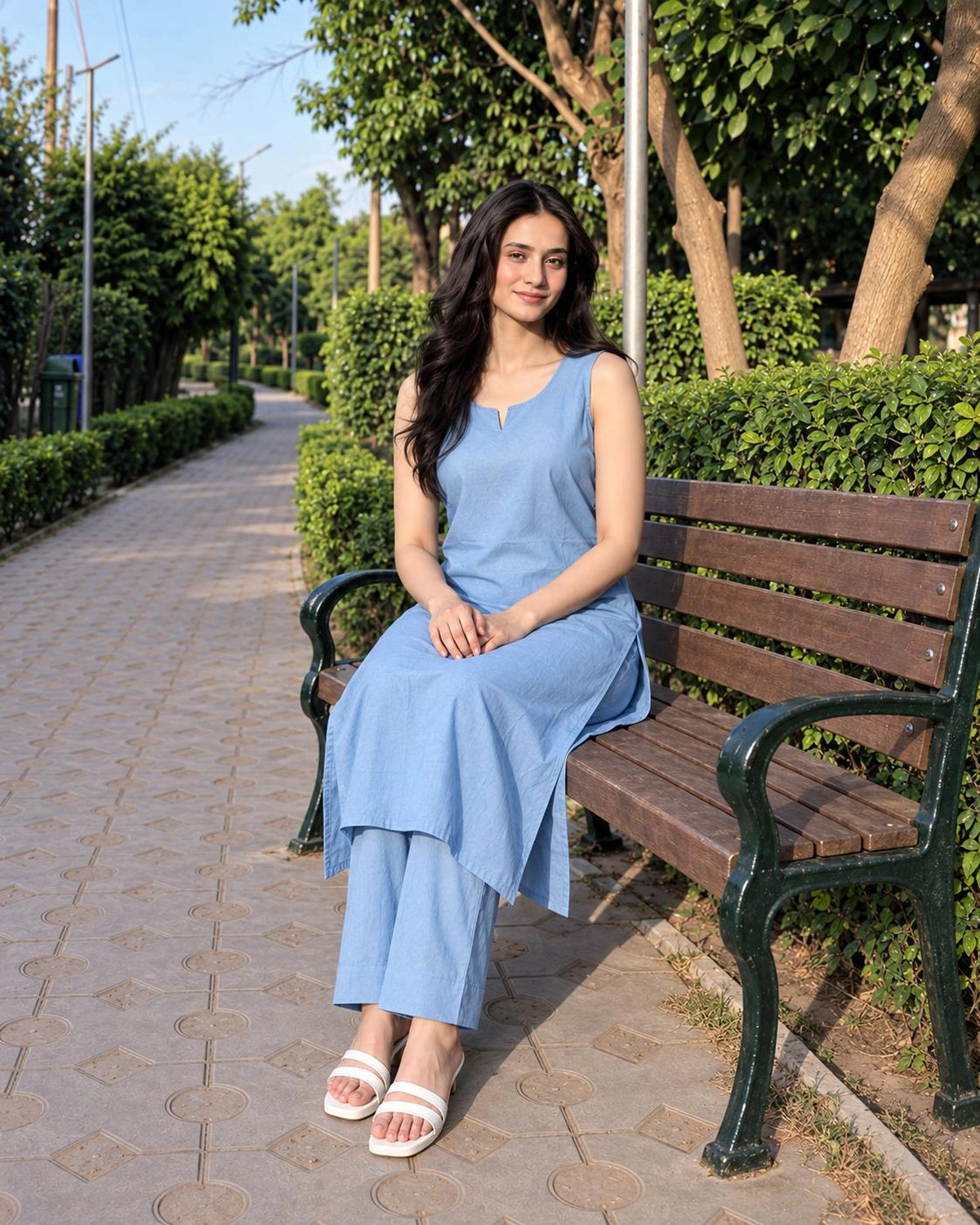 Solid Cotton Sleeveless Kurta Pant Set with Notch Neck and Side Slits