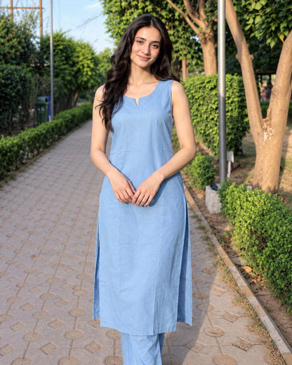 Solid Cotton Sleeveless Kurta Pant Set with Notch Neck and Side Slits