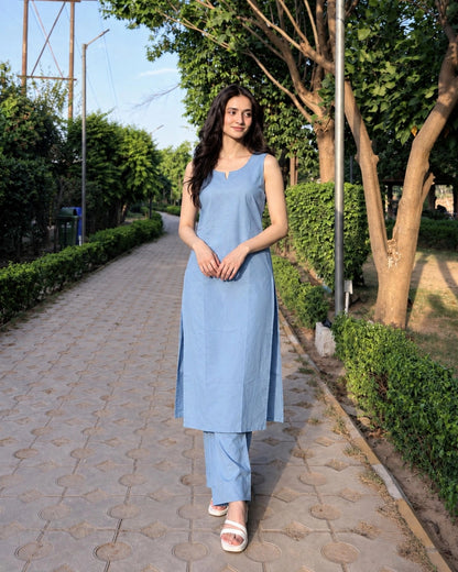 Solid Cotton Sleeveless Kurta Pant Set with Notch Neck and Side Slits