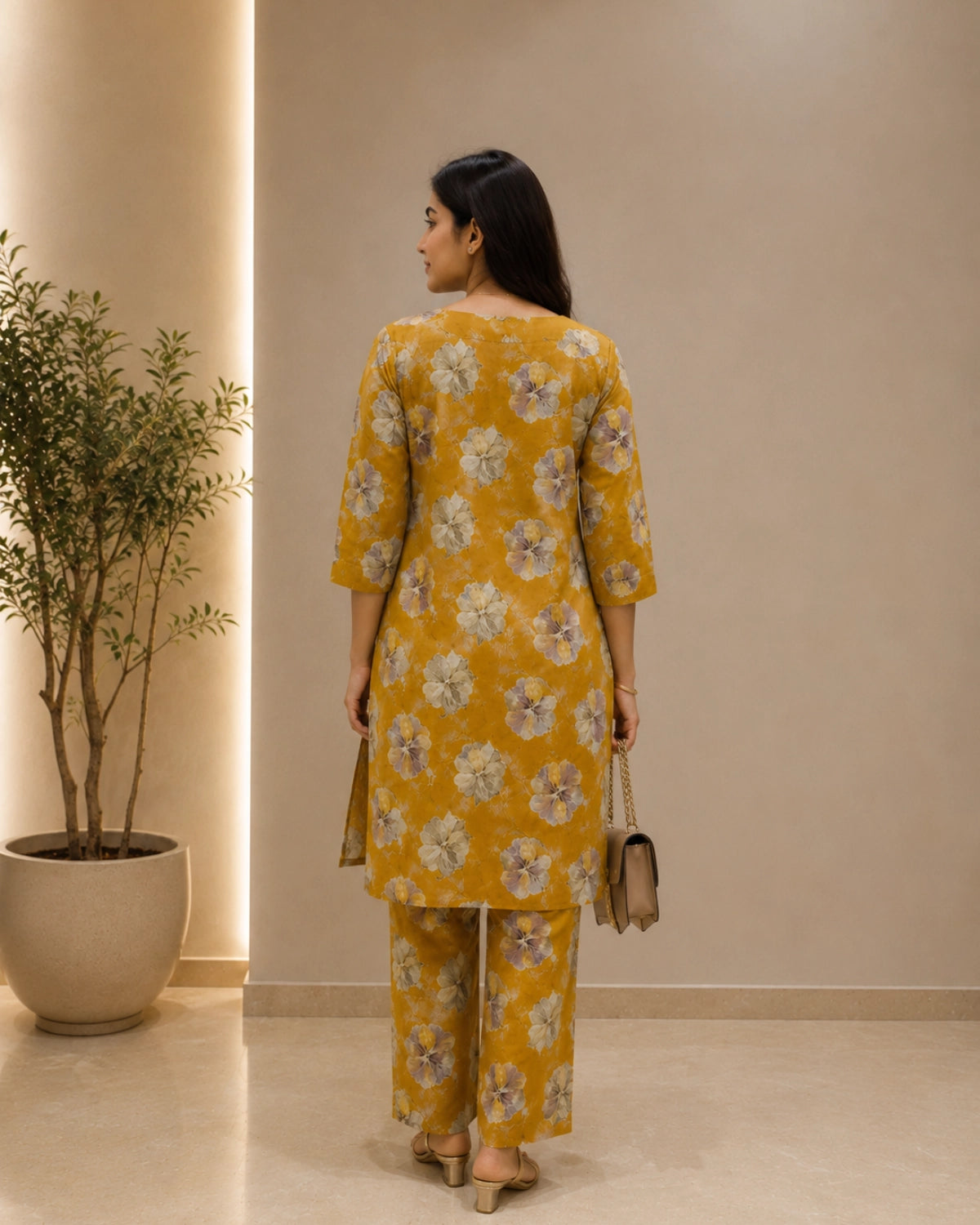 Floral Print Rayon Kurta Pant Set with Round Neck for Daily Wear